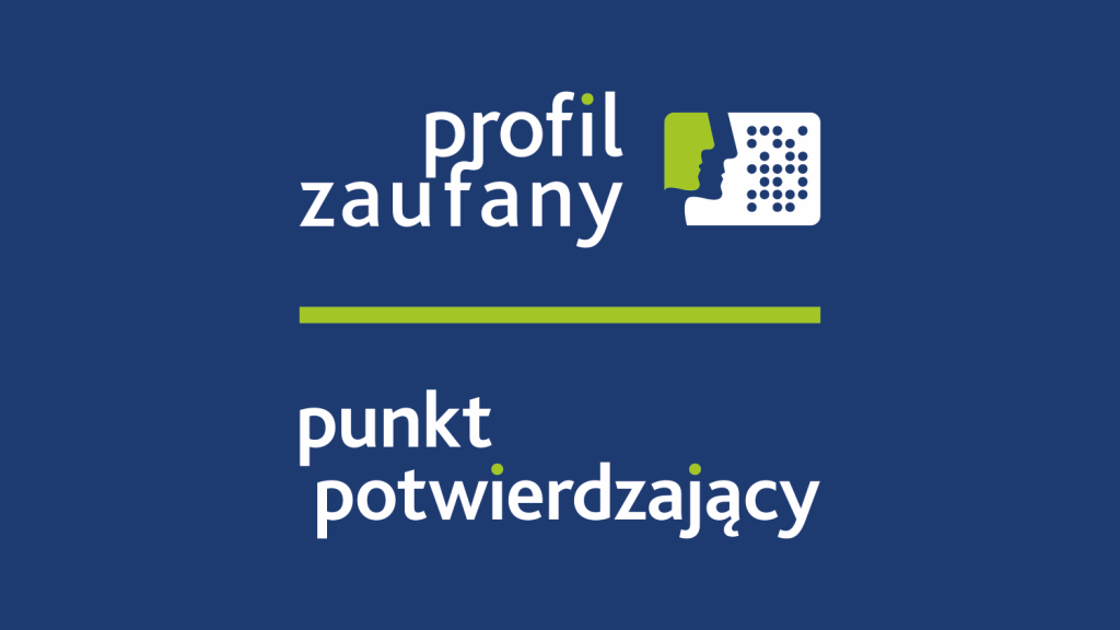Grafika o ciemnoniebieskim tle przedstawiająca logotyp profilu zaufanego z napisem w kolorze białym: Profil zaufany - punkt potwierdzający